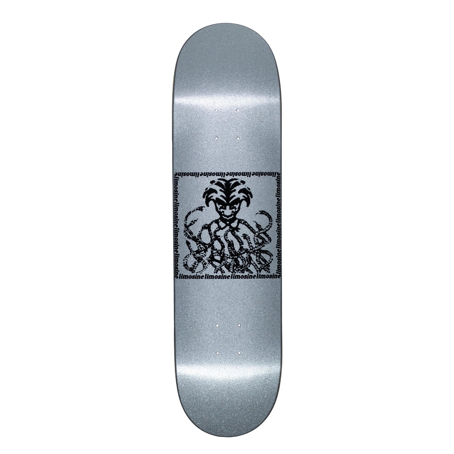 Silver skateboard deck with a black logo on a white background