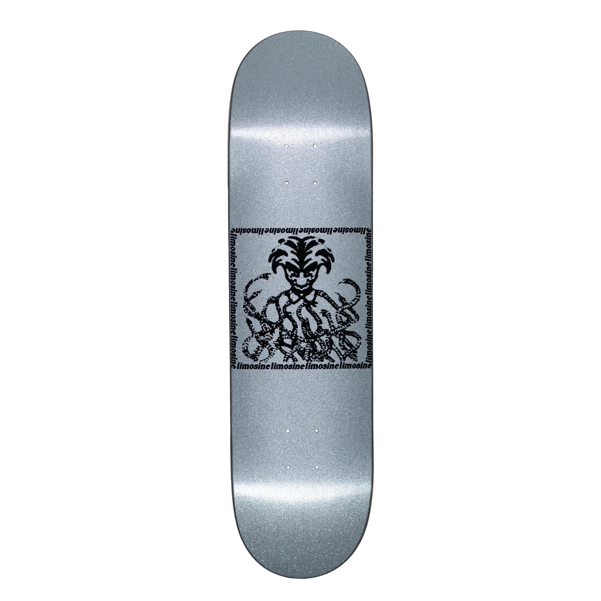 Silver skateboard deck with a black logo on a white background