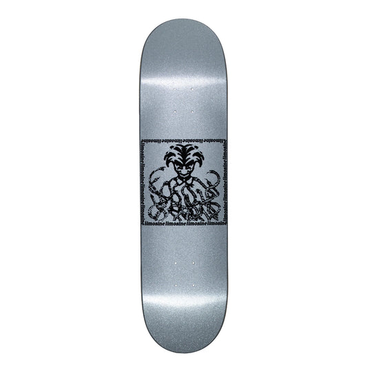 Silver skateboard deck with a black logo on a white background
