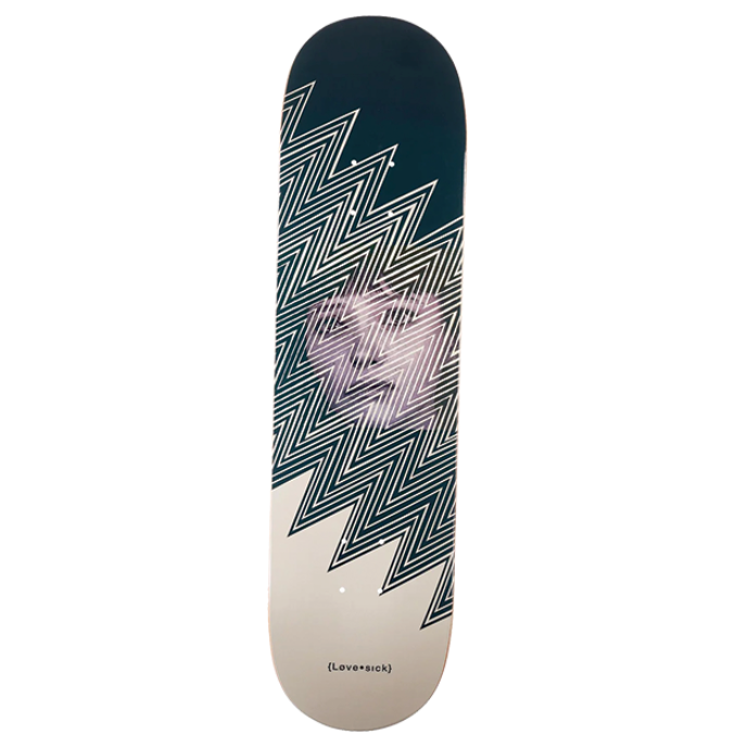 Skateboard deck with geometric pattern on a white background