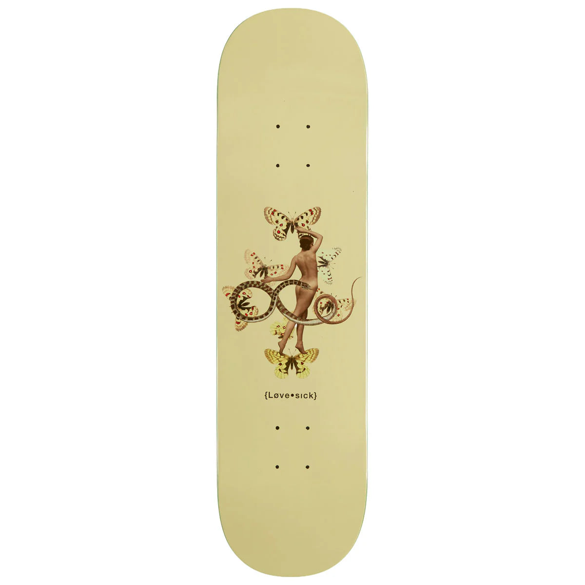 Skateboard deck with artistic design of a woman and butterfly on a beige background