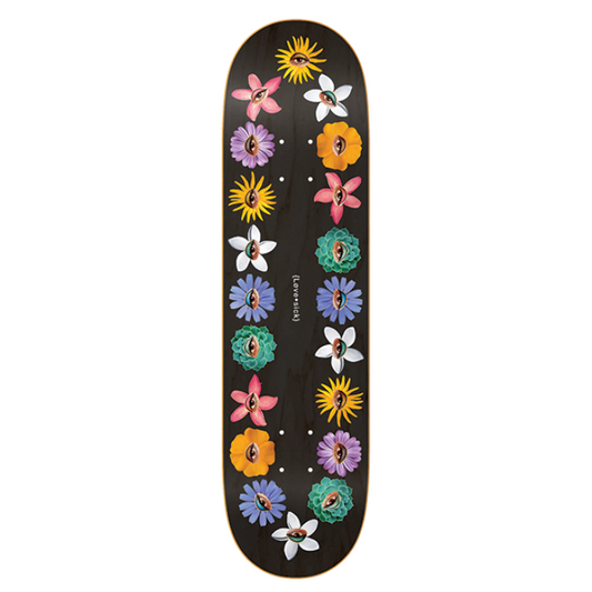 Skateboard deck with colorful floral design on a black background