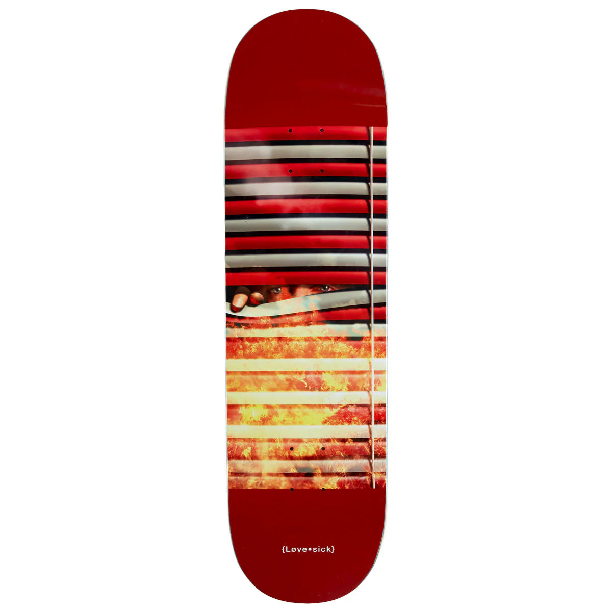 Skateboard deck with red and multicolor striped design on a white background