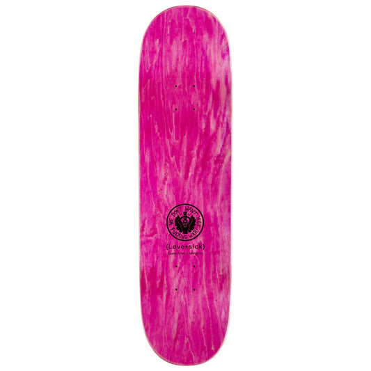 Pink tie-dye skateboard deck with a logo on a white background