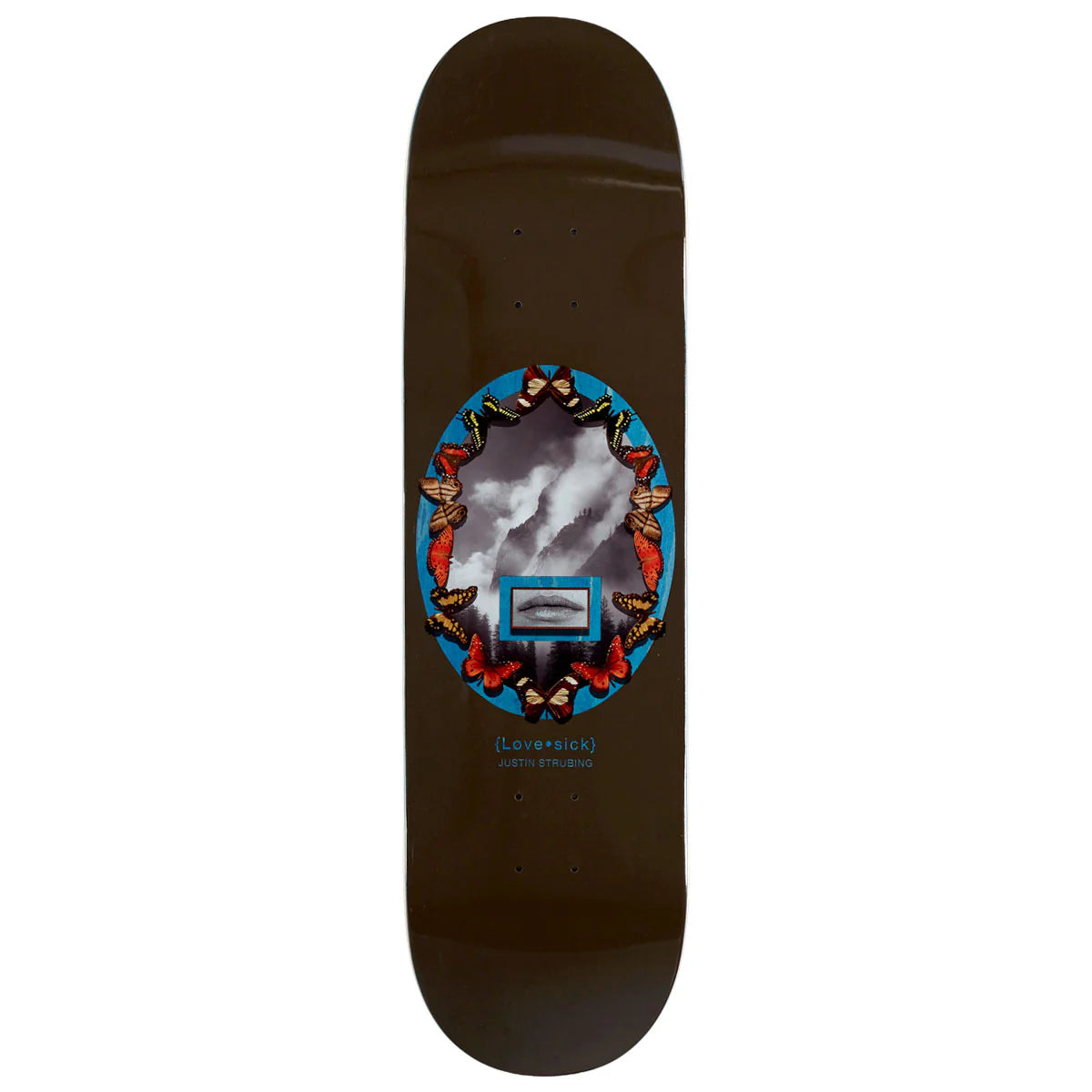 Skateboard deck with butterfly design on a white background
