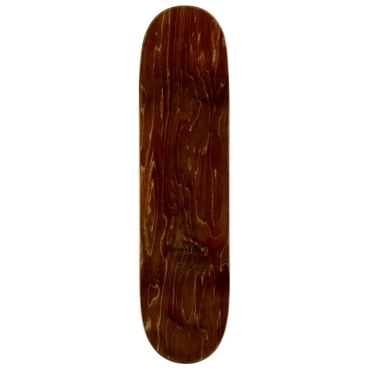 Wooden skateboard deck with a dark brown finish on a white background
