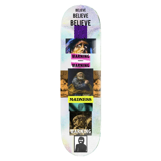Skateboard deck with multiple images and text on a white background