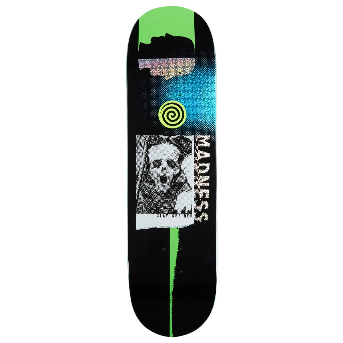 A skateboard deck featuring a black background with a bright green spiral graphic, a skull illustration with the text 'clay kreiner', and the brand name 'MADNESS' printed vertically on the right side.