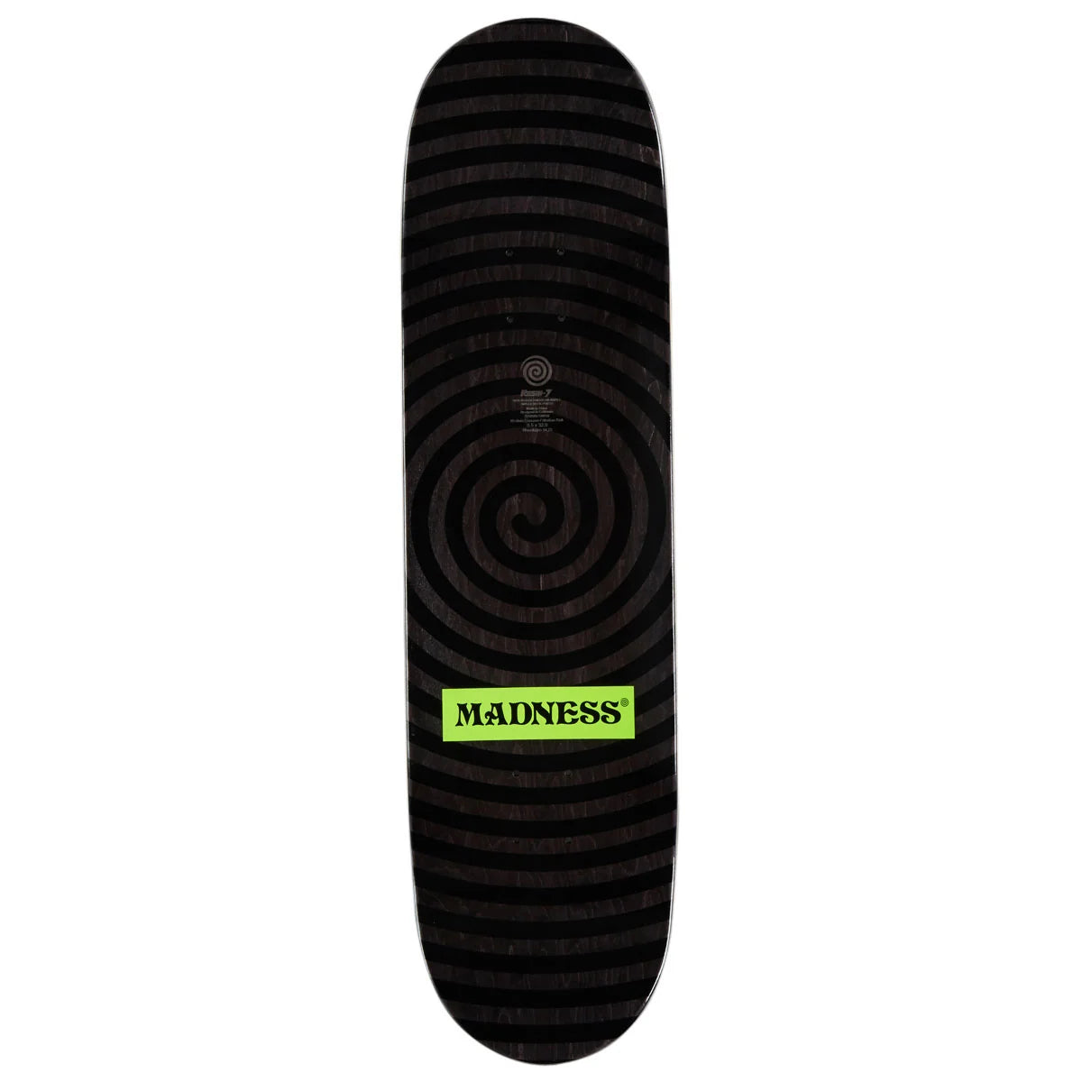 A skateboard deck with a black background, a dark spiral pattern, and a bright lime green 'MADNESS' logo box near the bottom.