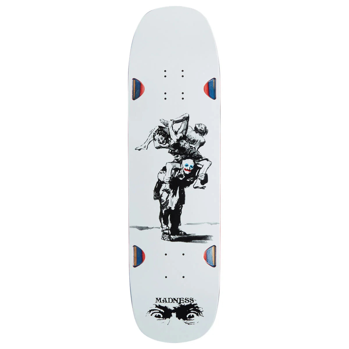 A white skateboard deck featuring a black ink sketch of a figure carrying another figure, with the brand name 'MADNESS' printed near the bottom.