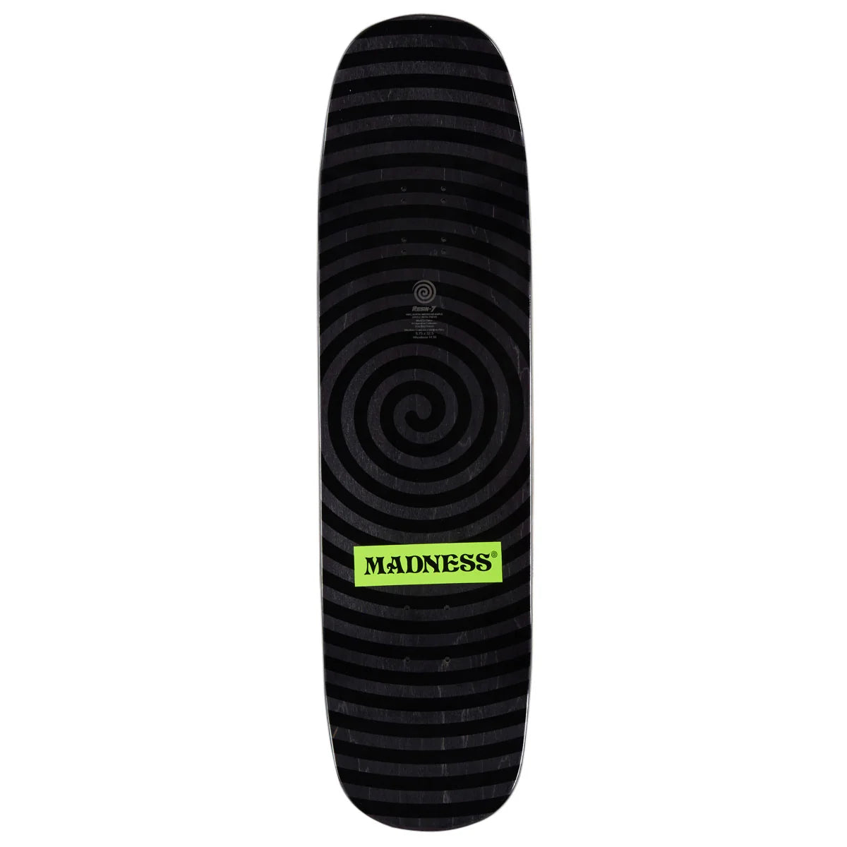 A black skateboard deck featuring a black spiral pattern and a bright lime green 'MADNESS' logo sticker near the bottom.