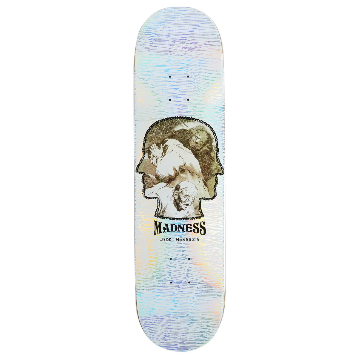 A skateboard deck featuring a holographic, iridescent white background with a central graphic of a profile head silhouette containing a white cat, above the text 'MADNESS' and 'JOO MINENZIE'.