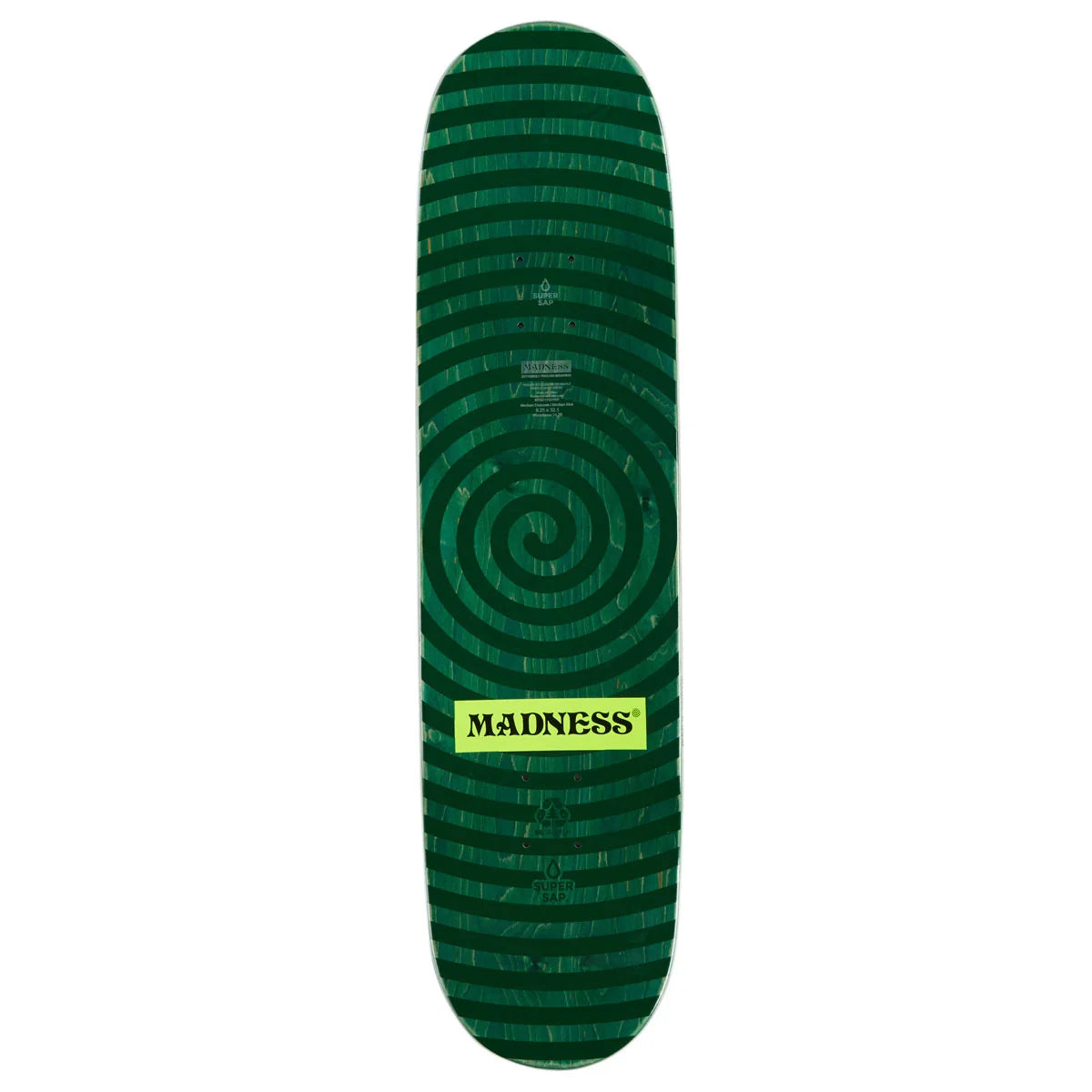 A skateboard deck featuring a green spiral pattern with concentric rings and a bright yellow-green 'MADNESS' logo label in the center, shown against a plain white background.