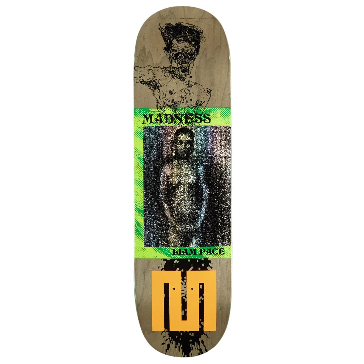 A skateboard deck featuring a graphic design with a distressed portrait, a bright green border, and the text 'Madness' and 'liam Pace'.