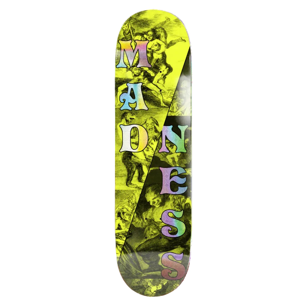 Skateboard deck with colorful 'MADNESS' text and artistic design on a white background