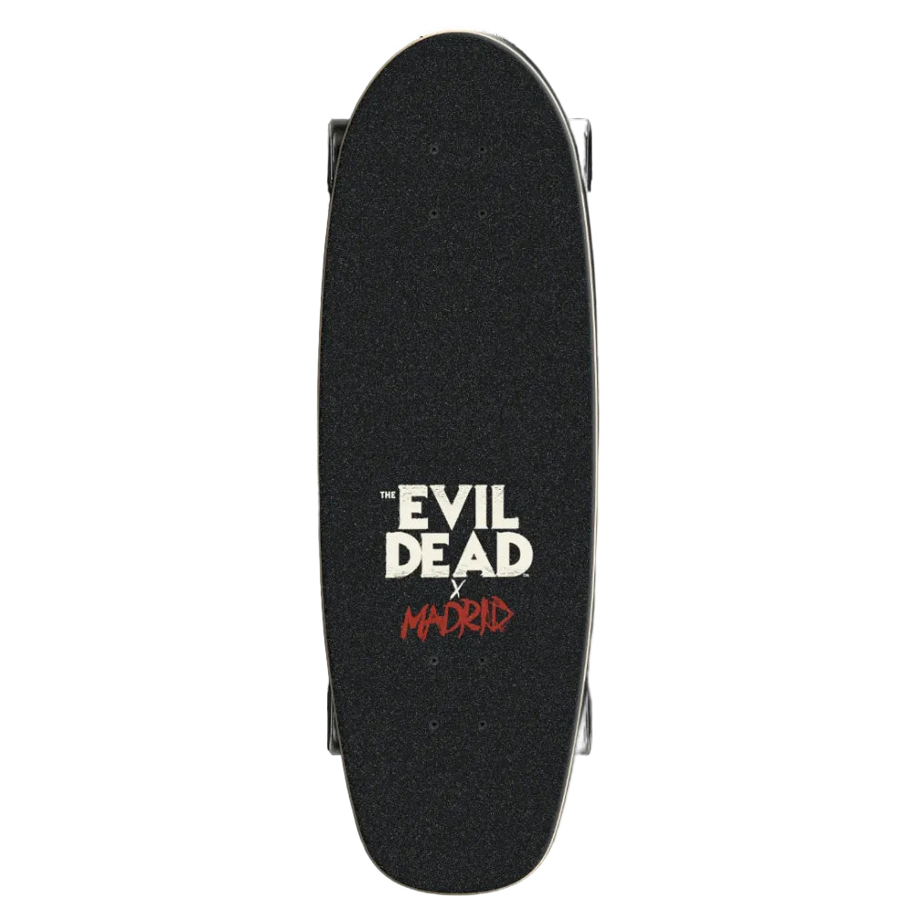 Black skateboard deck with 'The Evil Dead x Madrid' logo on a white background