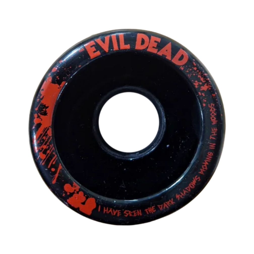 A single black skateboard wheel with red and orange graphics and the text 'EVIL DEAD' on a plain white background.