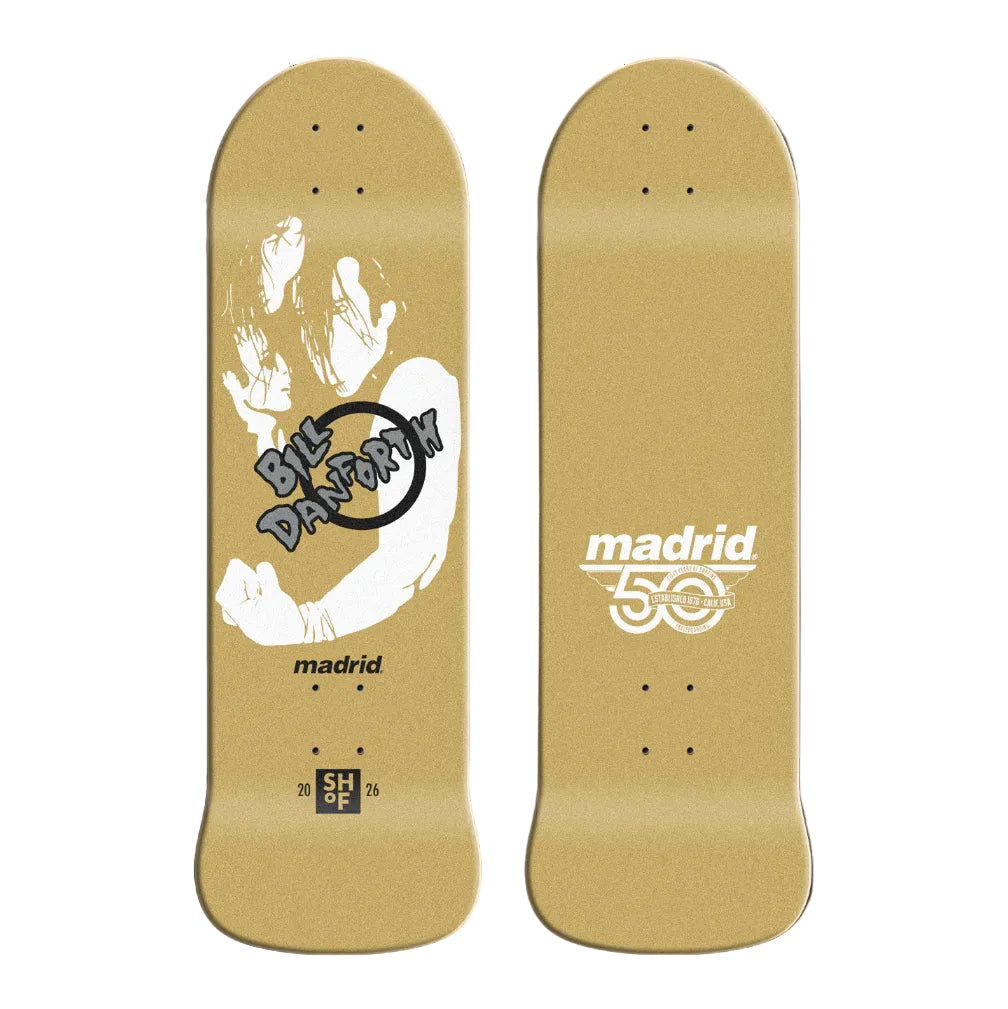 Two skateboard decks with 'Bilbo Danorny' and 'madrid' branding on a beige background.