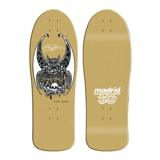Skateboard deck with black and white graphic design on one side and 'Madrid' branding on the other, on a beige background.