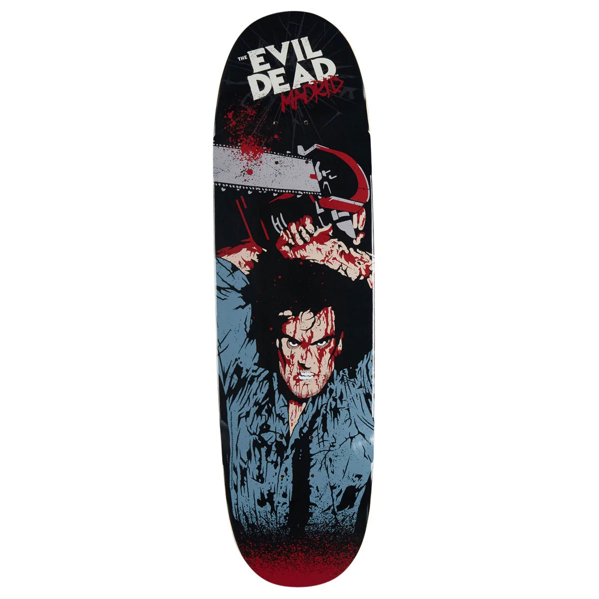 A skateboard deck featuring a graphic design inspired by Leatherface from 'The Evil Dead Movie'. The graphic shows Leatherface covered in blood splatters, holding a chainsaw, with the text 'THE EVIL DEAD madrid' printed on the nose of the deck.