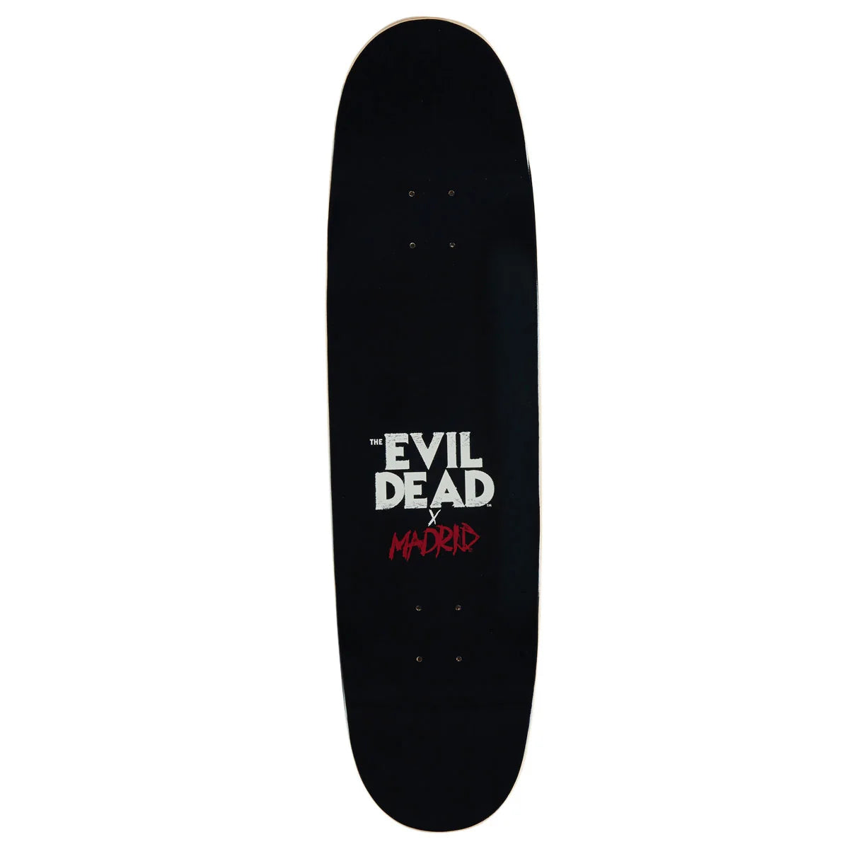 A black skateboard deck featuring a graphic print in the center that reads 'THE EVIL DEAD x MADRID' in white and red, shown against a plain white background.