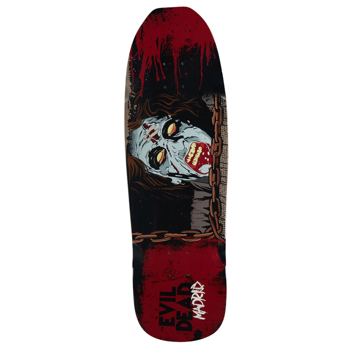A skateboard deck featuring a horror graphic of a zombie with glowing yellow eyes, red blood splatters, and the text 'EVIL DEAD' and 'MADRID' on a white background.