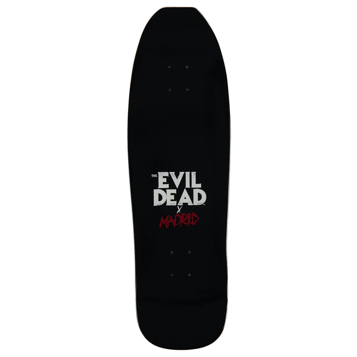 A black skateboard deck featuring the text 'THE EVIL DEAD' in white and 'MADRID' in red, shown against a plain white background.