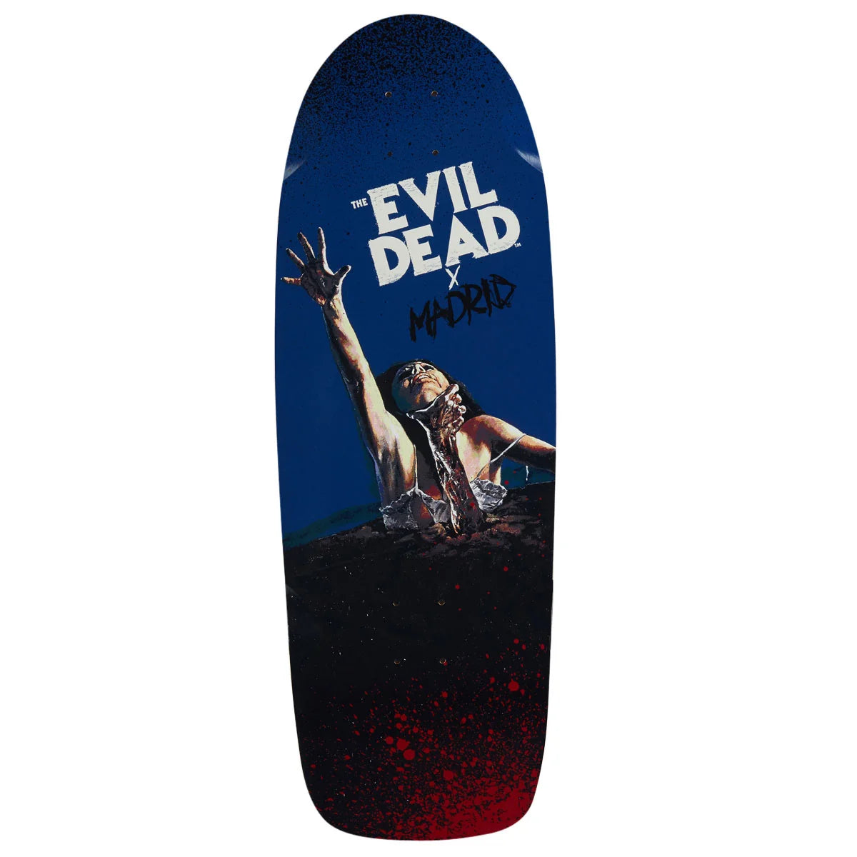 A skateboard deck featuring a graphic design from 'The Evil Dead x Madrid' collaboration, with a dark blue background, a zombie rising from blood, and white distressed text.