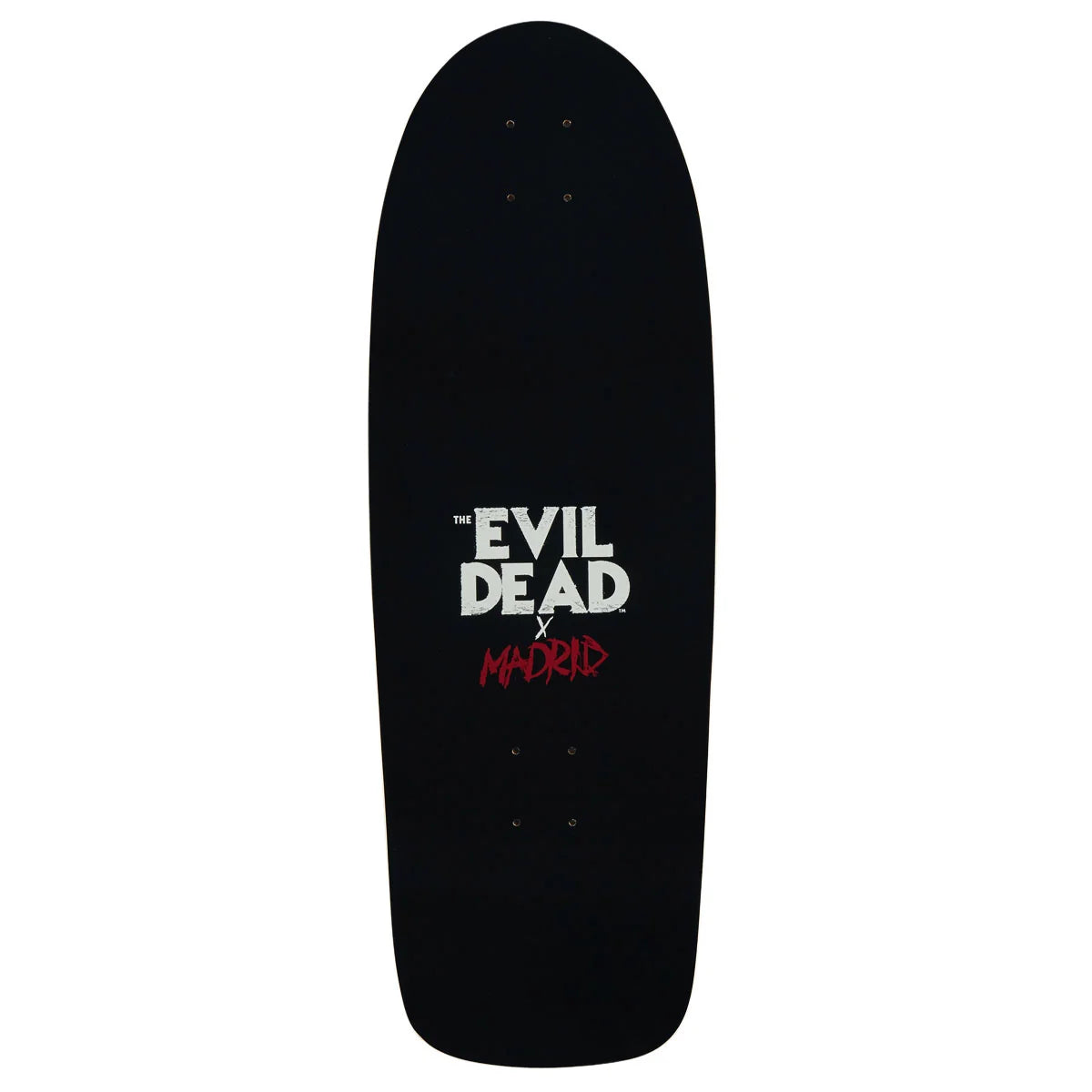 A black skateboard deck featuring a white 'The Evil Dead x Madrid' graphic logo in the center, shown against a plain white background.