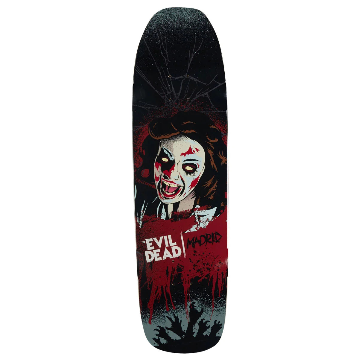 A skateboard deck featuring a horror-themed graphic of a creepy clown face with red blood splatters and the text 'EVIL DEAD' and 'MADRID' on a black background.