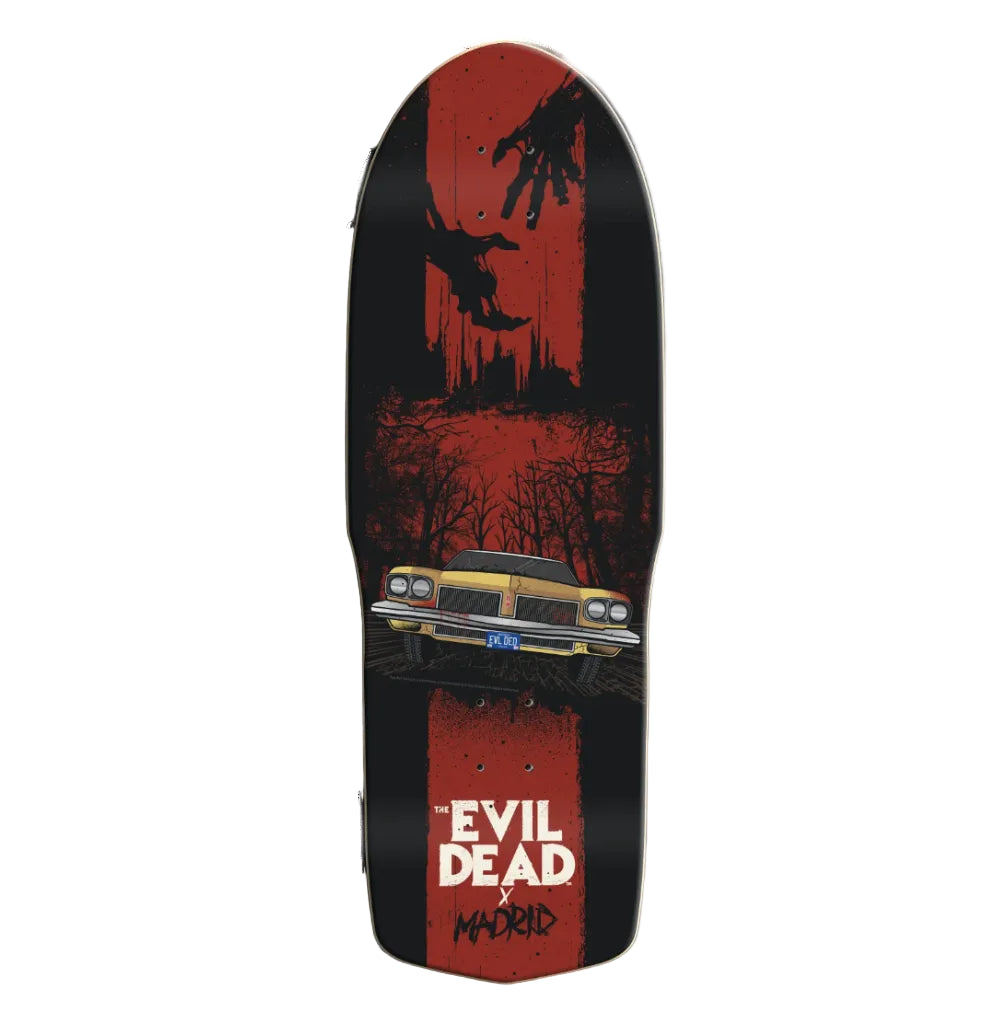 A skateboard deck featuring a horror-themed graphic design with a yellow car, silhouettes of figures, and the text 'EVIL DEAD x MADRID' on a black and red background.