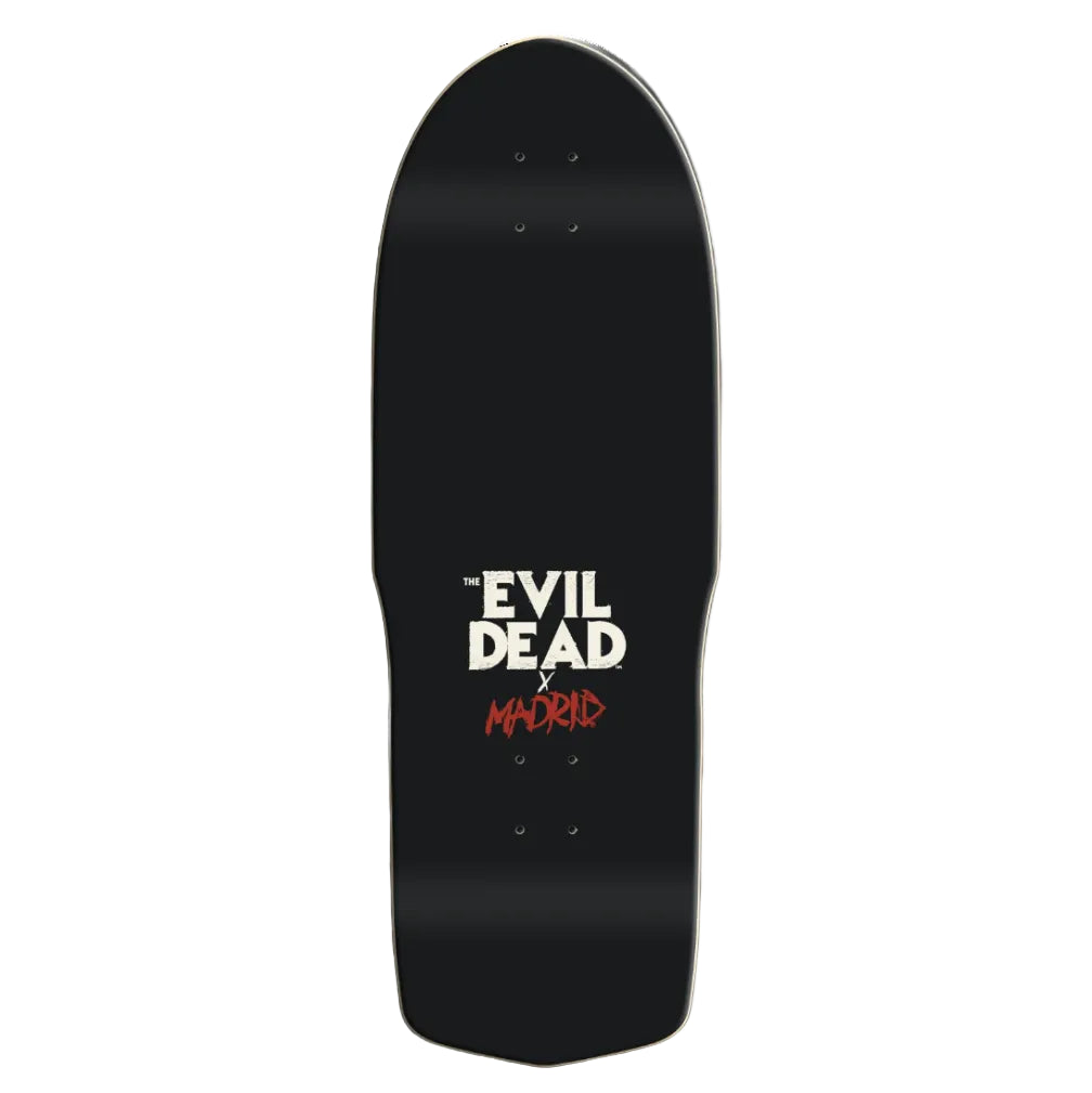 A black skateboard deck featuring a graphic print in the center that reads 'THE EVIL DEAD x MADRID' in white and red lettering, shown against a plain white background.