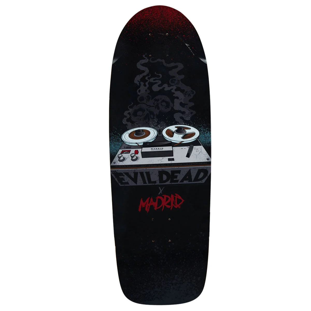 A skateboard deck featuring a black background with a graphic of a cassette deck, the text 'EVIL DEAD' in white, and 'MADRID' in red, shown against a plain white background.