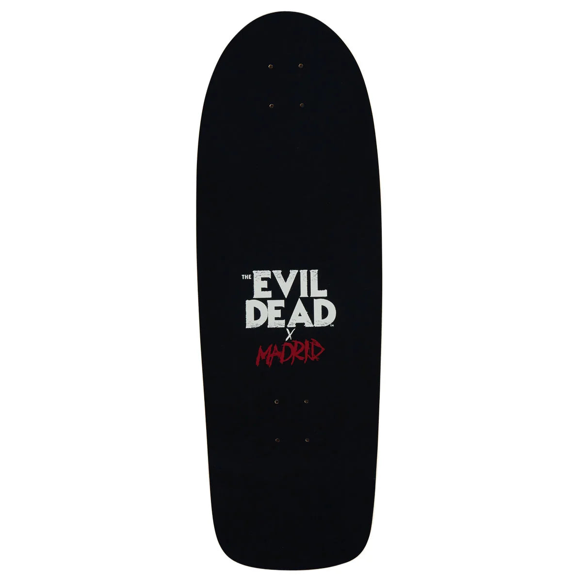 A black skateboard deck with 'THE EVIL DEAD x MADRID' printed on the underside, featuring white and red text, shown against a plain white background.