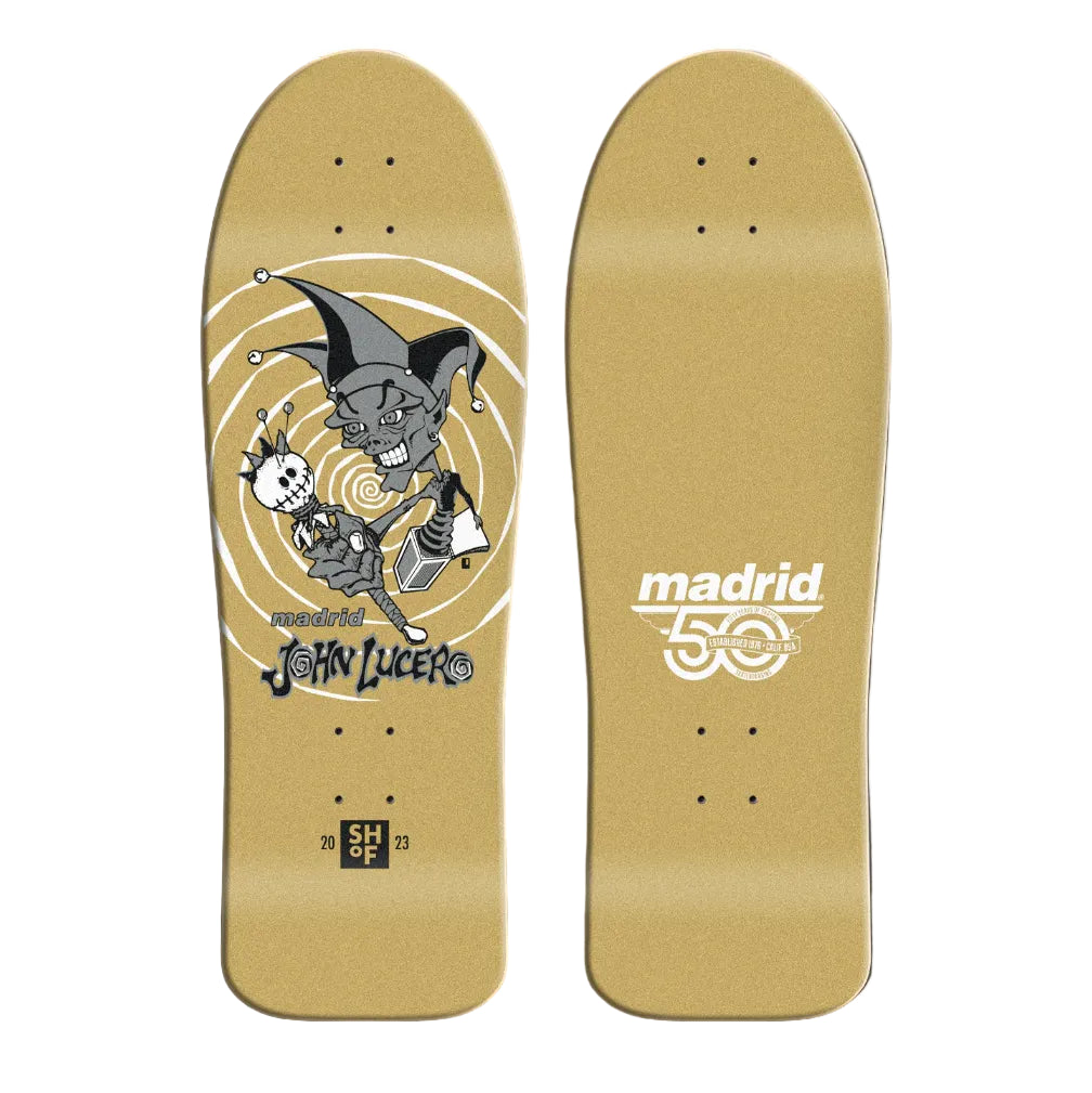 Skateboard deck with graphic design and 'Madrid' branding on a beige background