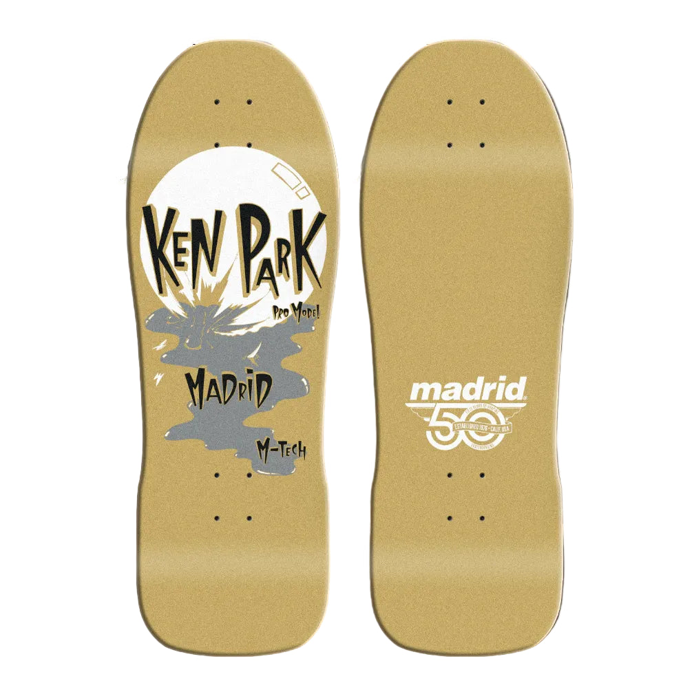 Two skateboard decks with 'Ken Park' and 'Madrid' branding on a white background