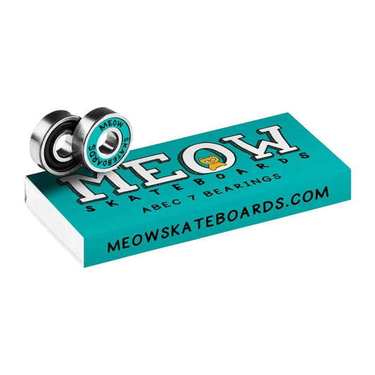 Two Meow Skateboards ABEc 7 Bearings with teal and white enamel detailing, displayed on top of their teal cardboard packaging box against a white background.