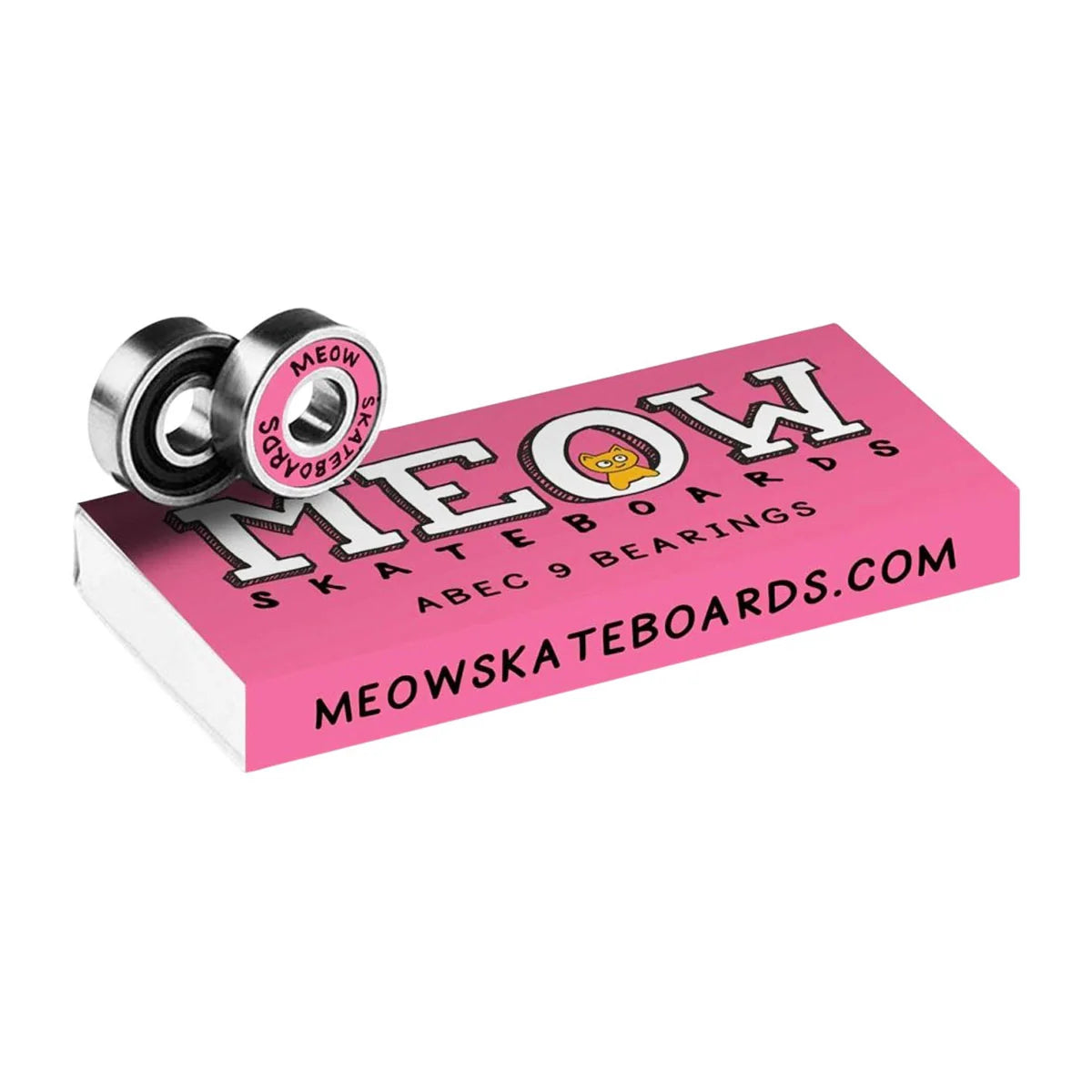 Two silver ABEC 9 bearings with pink and white MEOW Skateboards branding, displayed on top of a pink MEOW Skateboards box against a white background.
