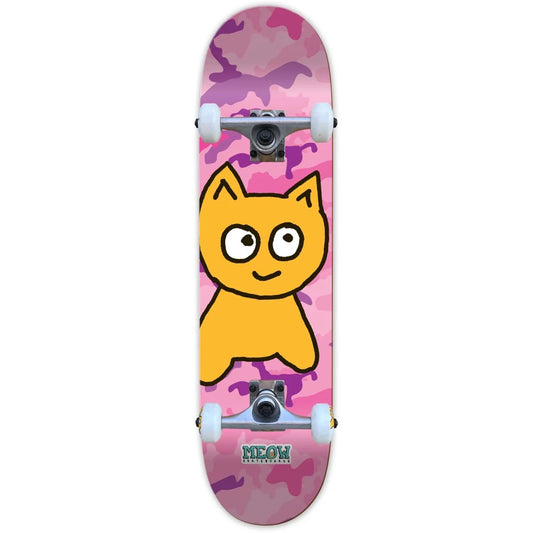 Skateboard with a pink and purple camouflage pattern and a cartoon cat design on a white background.