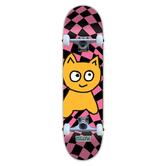 Skateboard with a cartoon cat design on a checkered pink and black background
