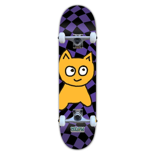 Skateboard with a cartoon cat design on a purple and black checkered background