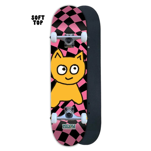 Skateboard with a cartoon cat design on a checkered background, featuring the brand 'Mou'.