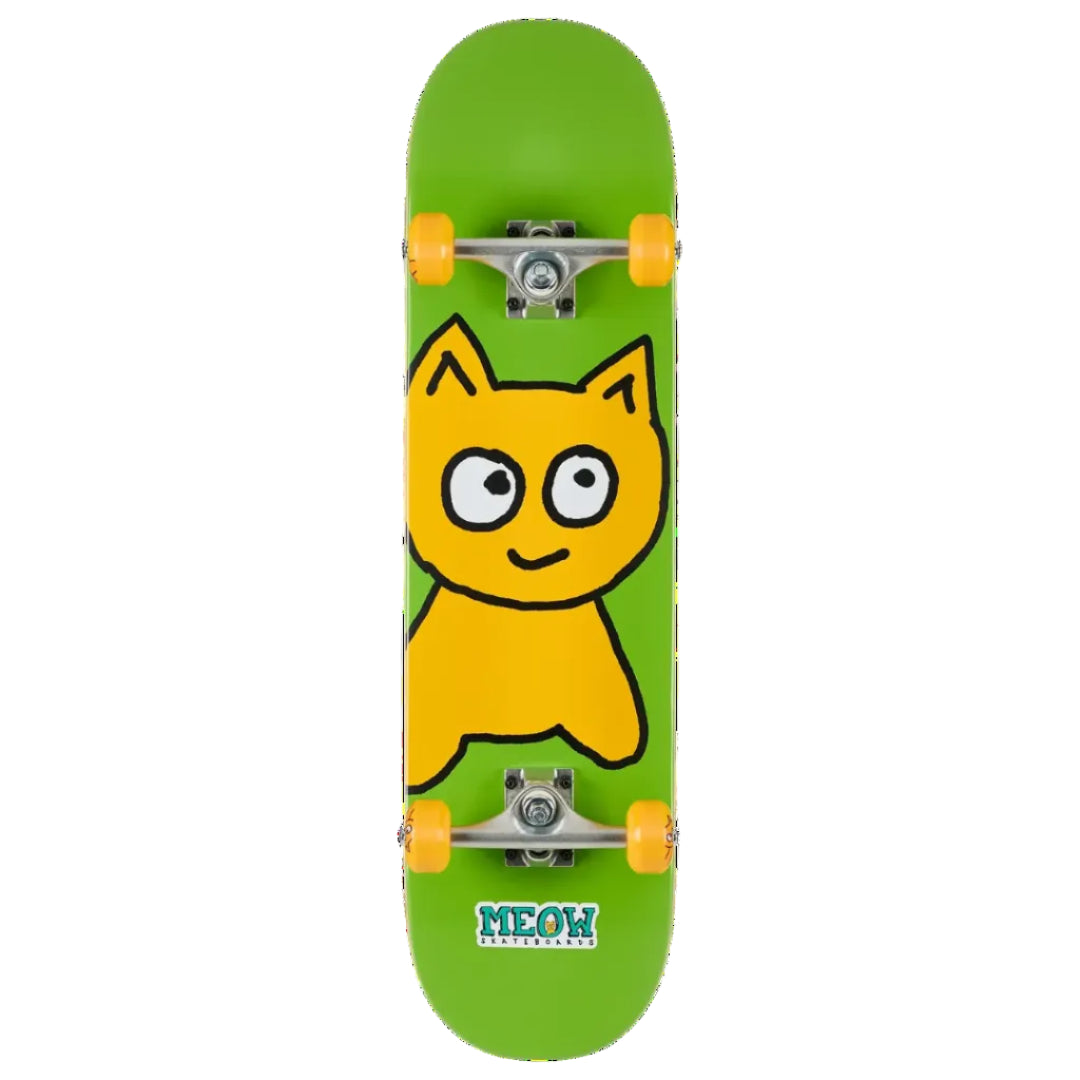 A green skateboard deck featuring a large yellow cartoon cat graphic and the 'MEOW SKATEBOARD' logo at the bottom, shown on a plain white background.