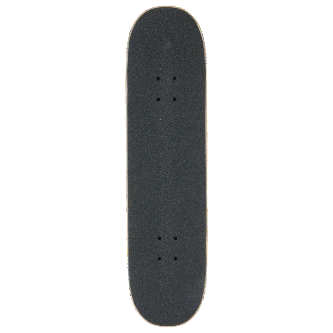 A skateboard deck blank with black grip tape on a solid white background, shown from a top-down perspective.