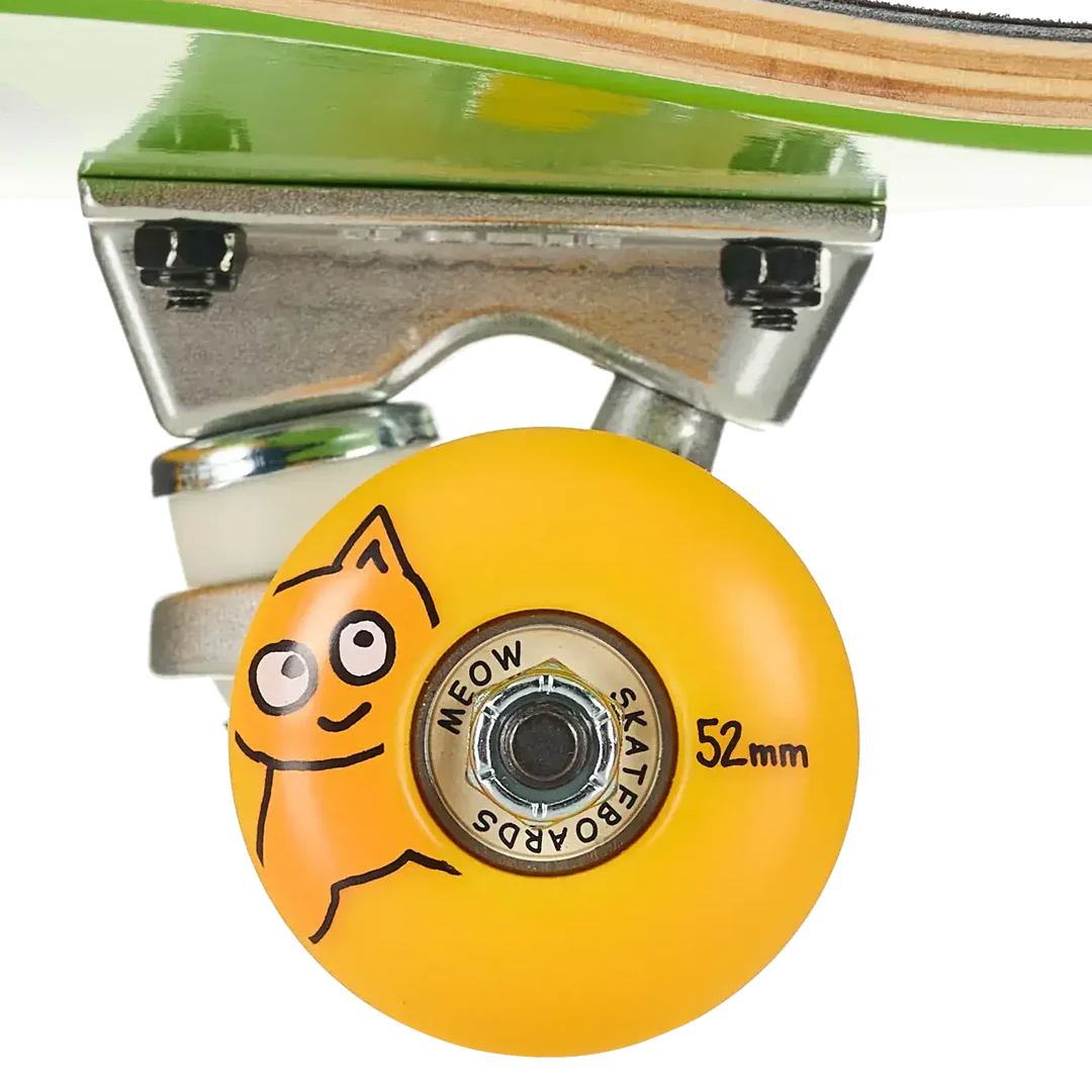 Close-up of a skateboard wheel and truck assembly on a white background. The wheel is bright yellow with a black cartoon cat graphic and the text 'MEOW SKATEBOARDS 52mm'.