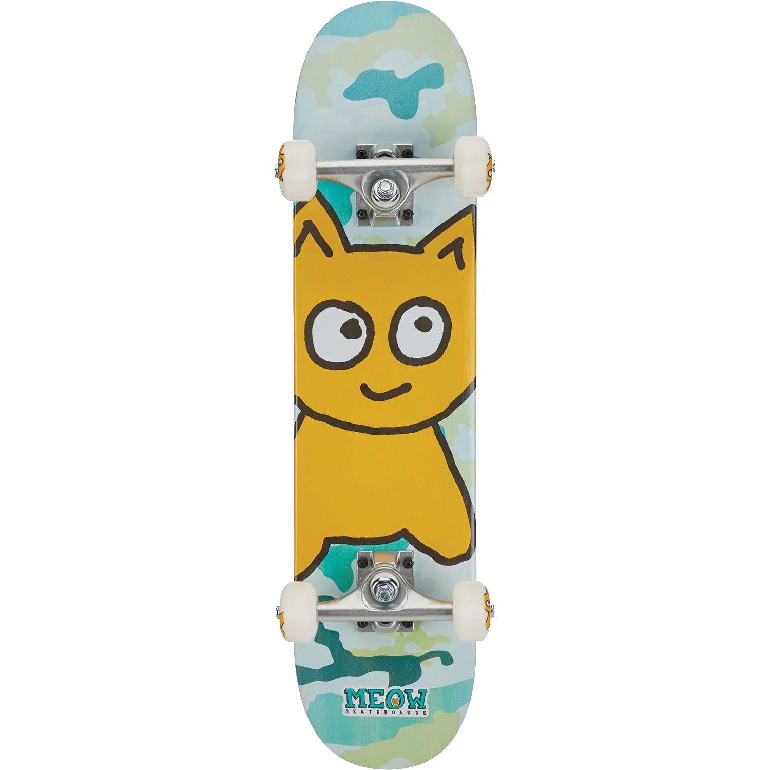 Skateboard with a cartoon cat design on a white background