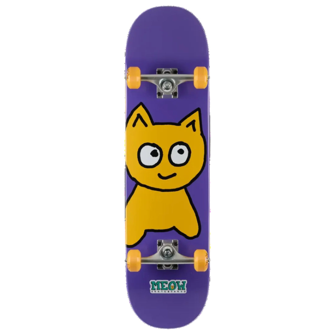 A purple skateboard deck featuring a large yellow cartoon cat graphic and the 'meow SKATEBOARD' logo at the bottom, shown on a plain white background.