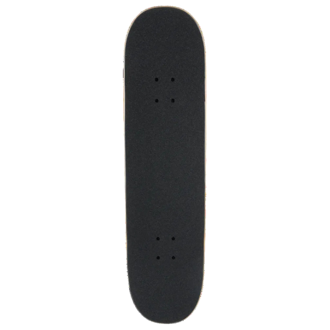 A skateboard deck blank with black grip tape on a solid white background.
