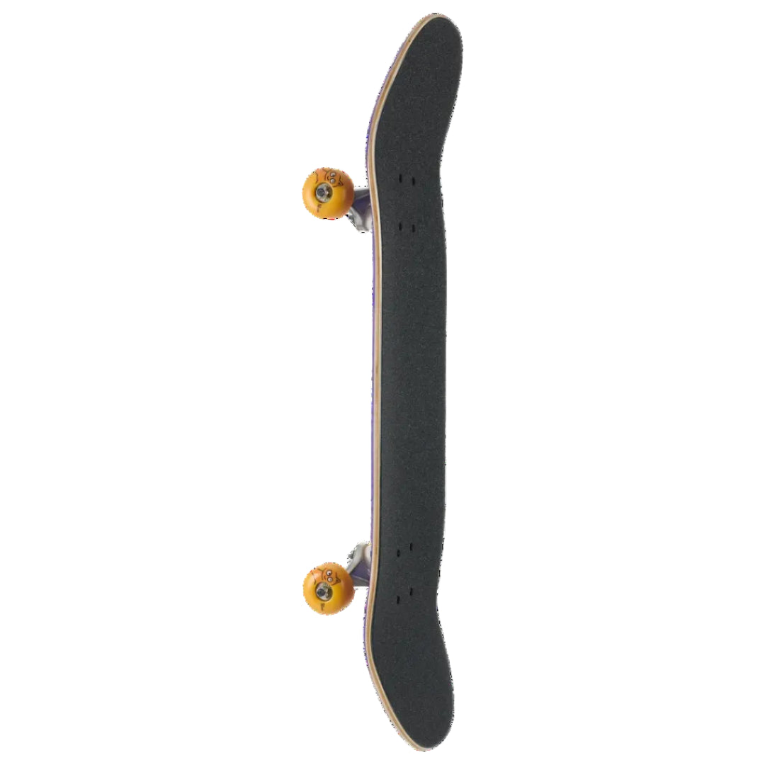A skateboard shown vertically against a solid white background, featuring a black grip tape deck, natural wood edges, and bright yellow wheels.