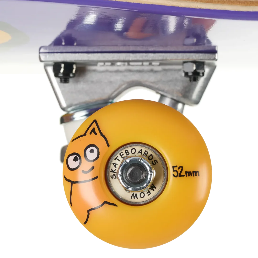 Close-up of a skateboard wheel and truck assembly on a white background. The wheel is bright yellow with a cartoon cat graphic and black text reading 'SKATEBOARDS MOW' and '52mm'.